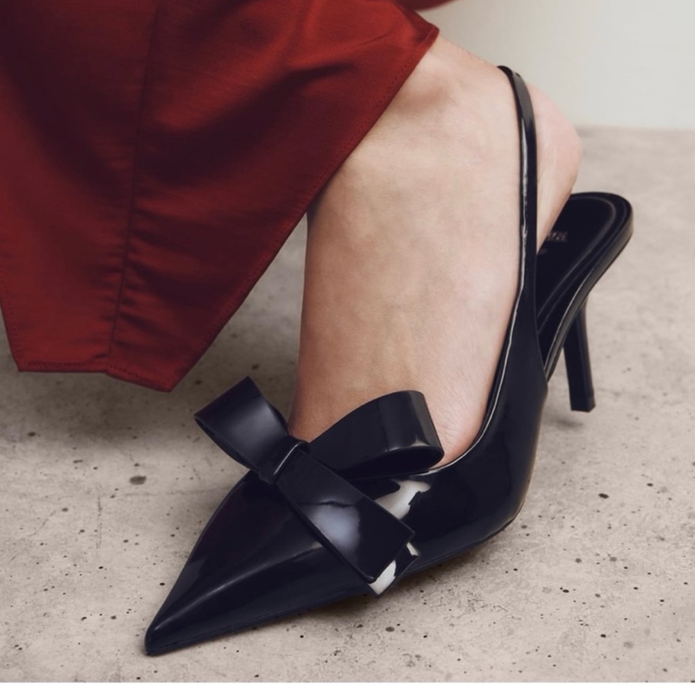 Zara Pointed Toe Kitten Heels Slingback Bow Detail Patent Black Leather